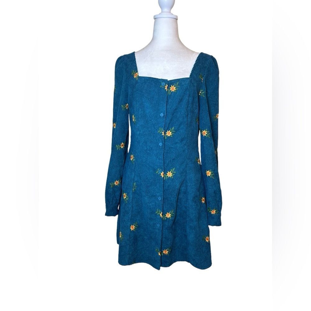 Cider Floral Print GreenCorduroy Mini Dress Long Sleeves Size Medium NWOT!